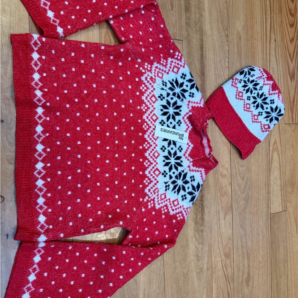 No Boundaries Red and White Snowflake Sweater Top and beanie